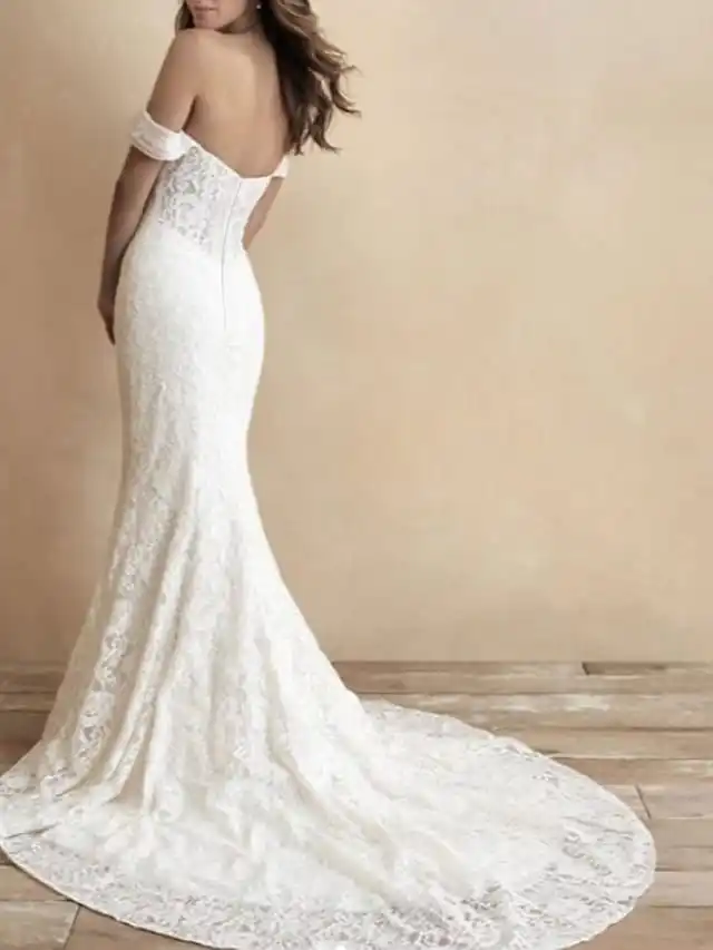 Mermaid Long Wedding Dresses Off Shoulder Sweep / Brush Train Lace Short Sleeve Romantic Plus Bridal Gowns