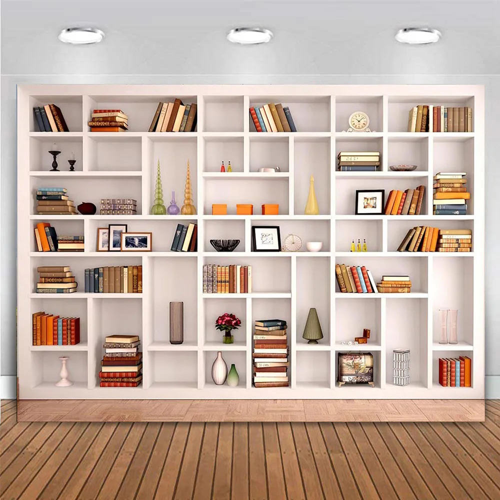 White Bookshelf Backdrop Bookcase Study Room Library Office Decor for Party Video Conference Photography Background Vinyl 7x5ft