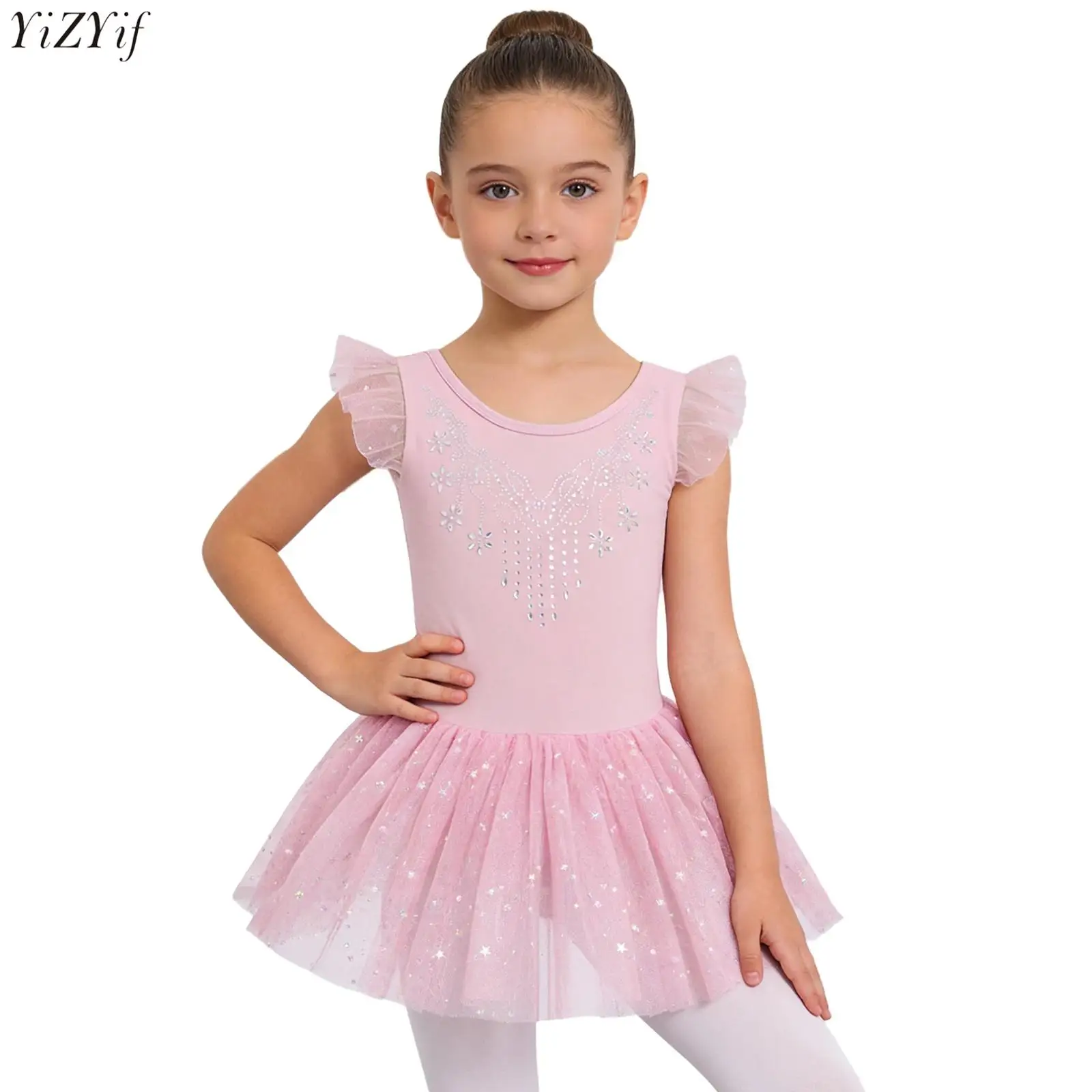 

Pink Kids Ballroom Clothing Sequined Rhinestones Ruffle Sleeves Bow Back Tutus Ballet Dress For Girl Modern Dance Tutu Dress