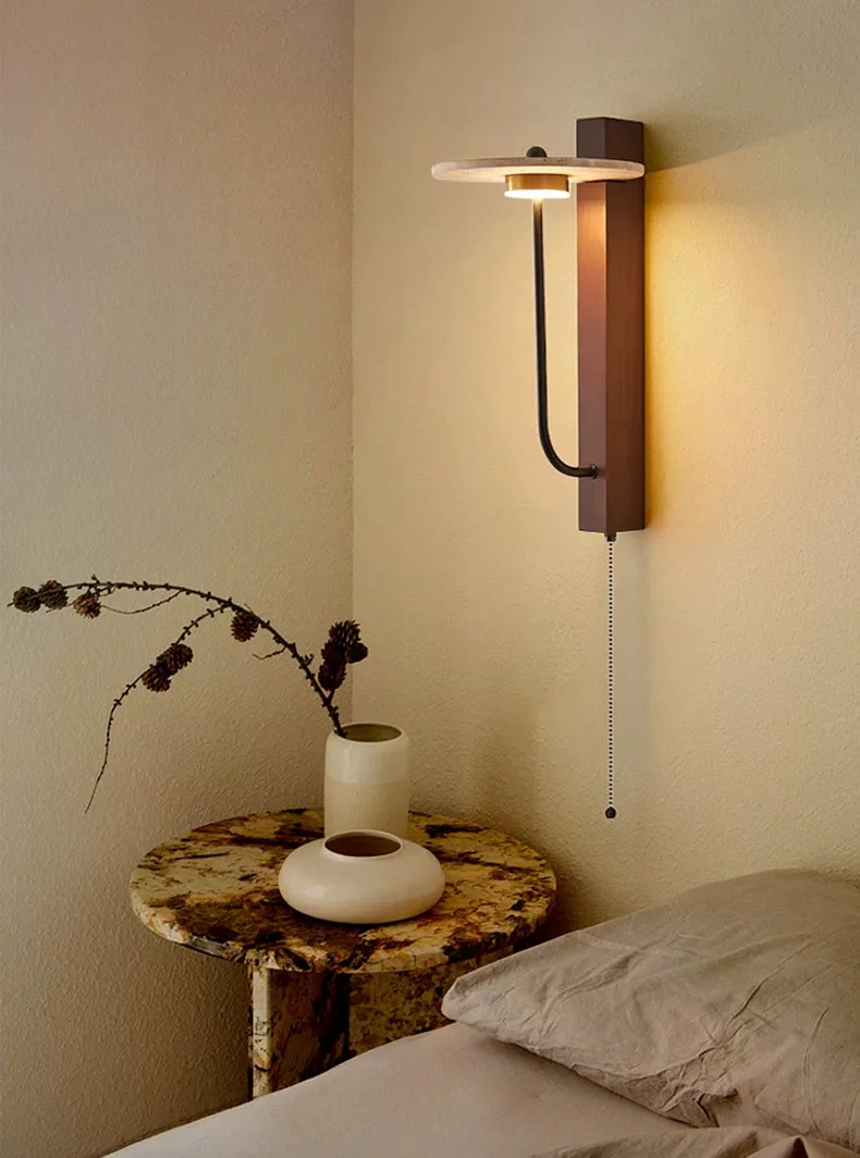 Creative Round Natural Stone Wall Light Dark Wood 3000K
