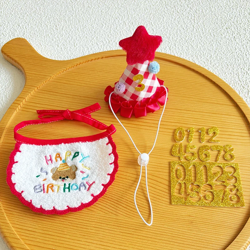 

Cat Birthday Set Kitty Birth Hat and Bib Number Dog's Birthday Celebration Bib Cute Decorative Embroidered Star Hats Accessories