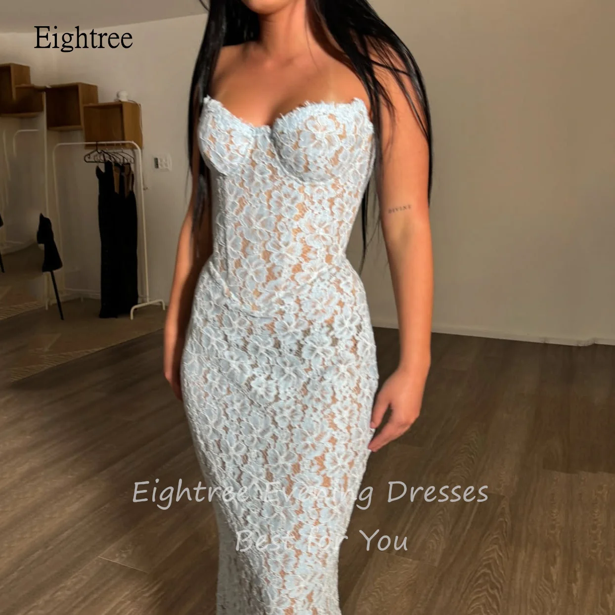 Eightree Sexy Sky Blue/Pink Lace Mermaid Prom Dresses Sweetheart Neck Party Gowns Floor Length Evening Dress Gown Customized image 2