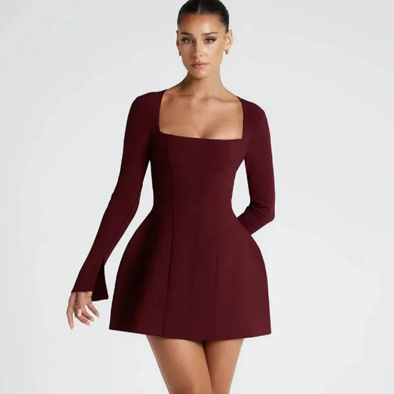 French Autumn Sexy Sweet Pure Color Simple Square Collar Temperament Ladies Waist Cinching Slimming A-line Short Dress Long Slee