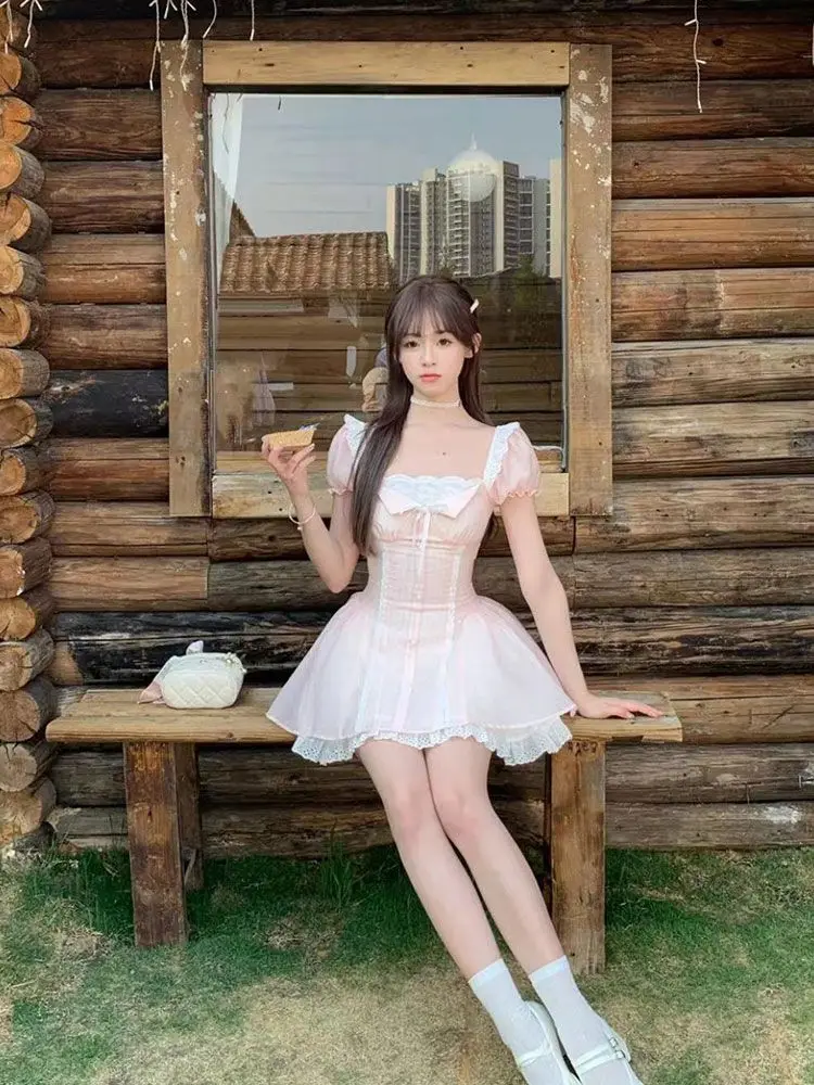 Robe rose à manches bulles pour femmes, Design doux, coupe coréenne, Chic, Kawaii Y2k, nouvelle mode, vêtements d'été mignons et Slim en dentelle