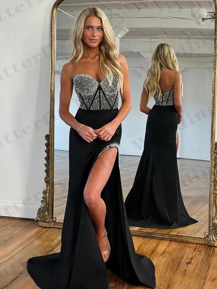 Robe de Soirée Sexy à Dos auxpour Femme, Tenue Luxueuse à la Mode, en Forme de Sirène, avec Perles, Fente Haute, pour Bal, 2024