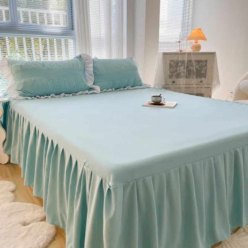 1pc Solid Color Bed Skirt Wtih Lace All Around All-seasons Bed Cover With Ruffles Queen/King Roupa De Cama(Without Pillowcase)