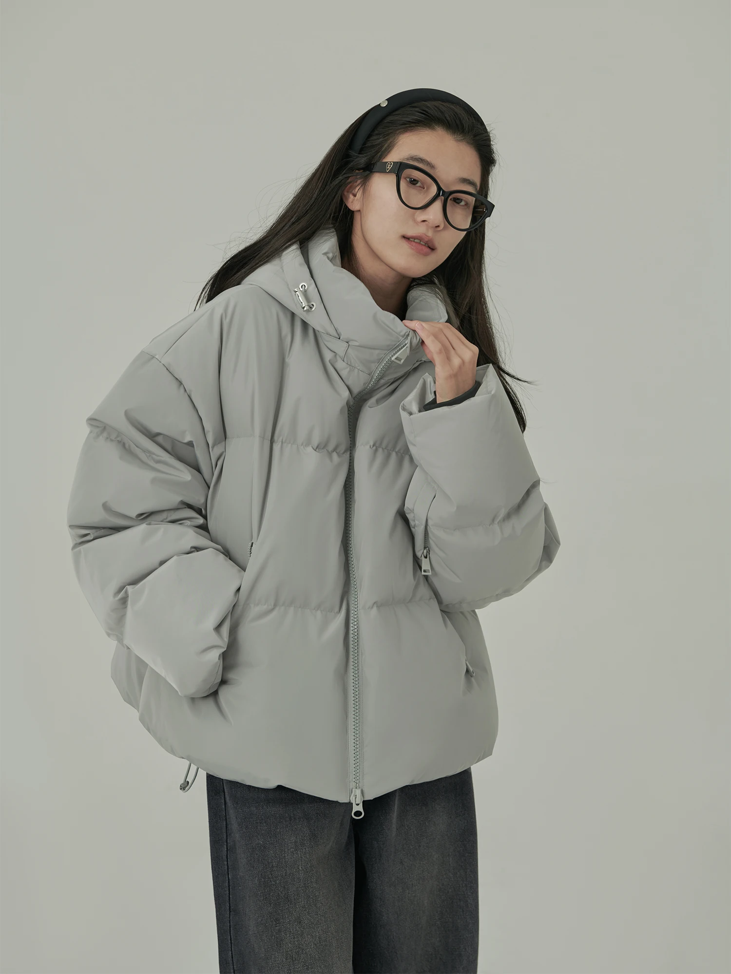 HaveRice Bread Style Short down Jacket  Velvet 90 White Duck down Warmth Winter Coat Zipper Closure Long Sleeve Pure Color