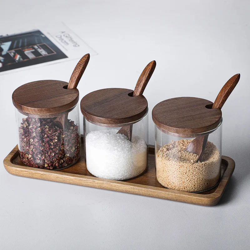 Modern Pepper Spice Glass Bottle Kitchen Seasoning Jar Food Storage Container Grains Sugar with Wooden Lid Utensils