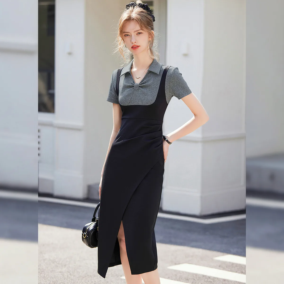 LOUIS YAO 2025 verano Color contrastante empalme falda larga dividida elegante adelgazante cuello largo vestido de mujer de manga corta