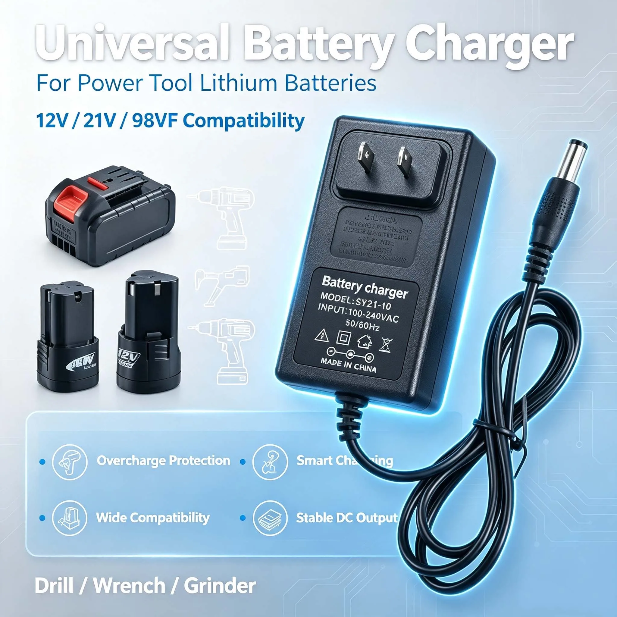 12.6V 16.8V 2A 21V 1A 18650 Lithium Battery Charger For 12V 18V Screwdriver Wrench Li-ion Battery Pack DC 5,5mm*2.1mm2.5mm Input