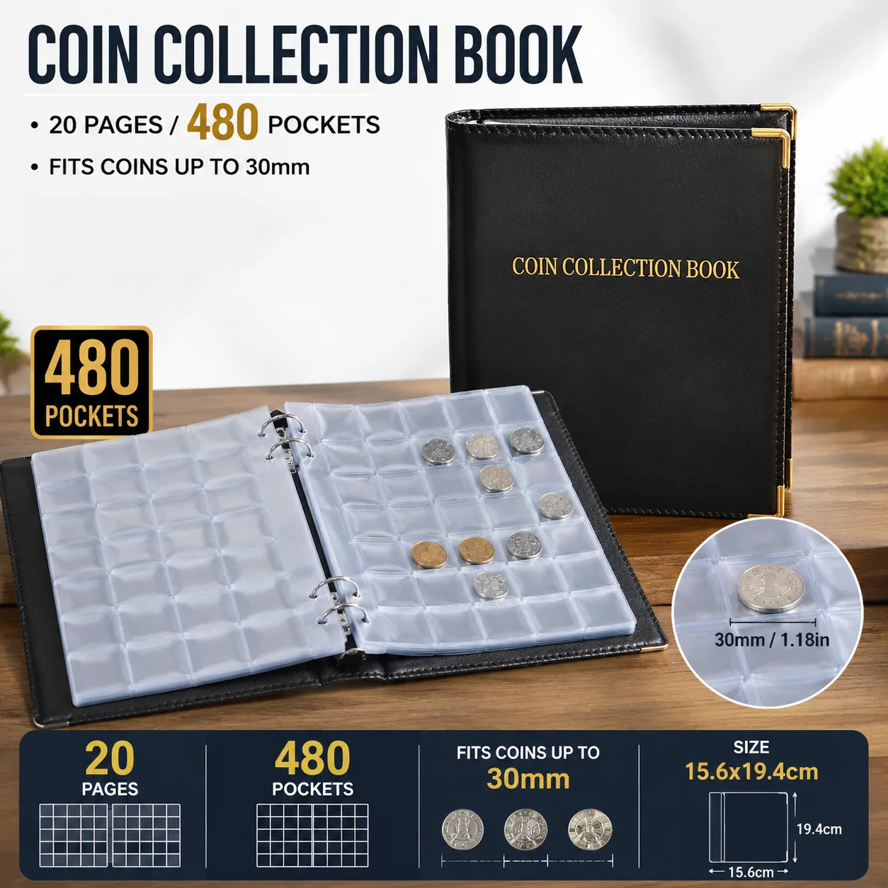 480Pockets Large-capacity Coin Collection Book 20 Pages Coin Collection Holder Album Commemorative Coin Storage 20/25/27/30mm