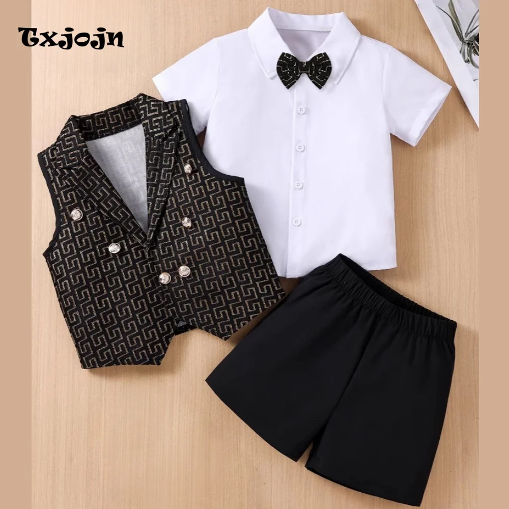 Homecoming Boy's Formal Suit Set Fashionable Children's 3-Piece Set Clothes Short-sleeve top Pants Vest Kids Party Outfit