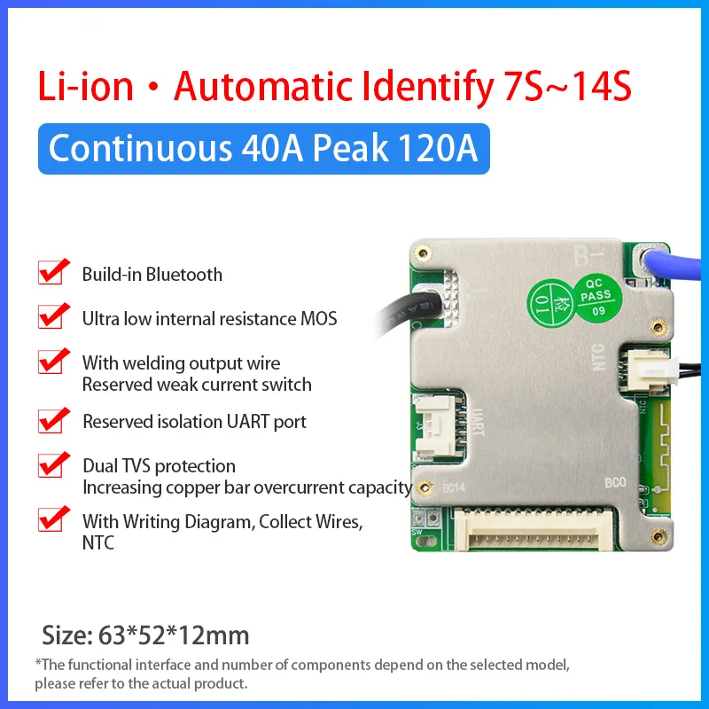 JiaBaiDa Automatische identificatie 7s-14s 7S 8S 9S 10S 11S 12S 13S 14S 20A 30A LFP NMC Smart BMS 24V 36V 48V Batterijbeheersysteem