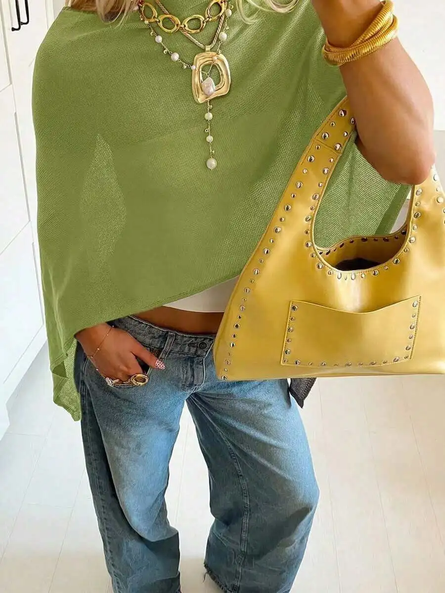 

Asymmetric Cropped Knit Poncho Shawl Solid Color Batwing Sleeve Lightweight Sheer Blouse For Women Summer Autumn