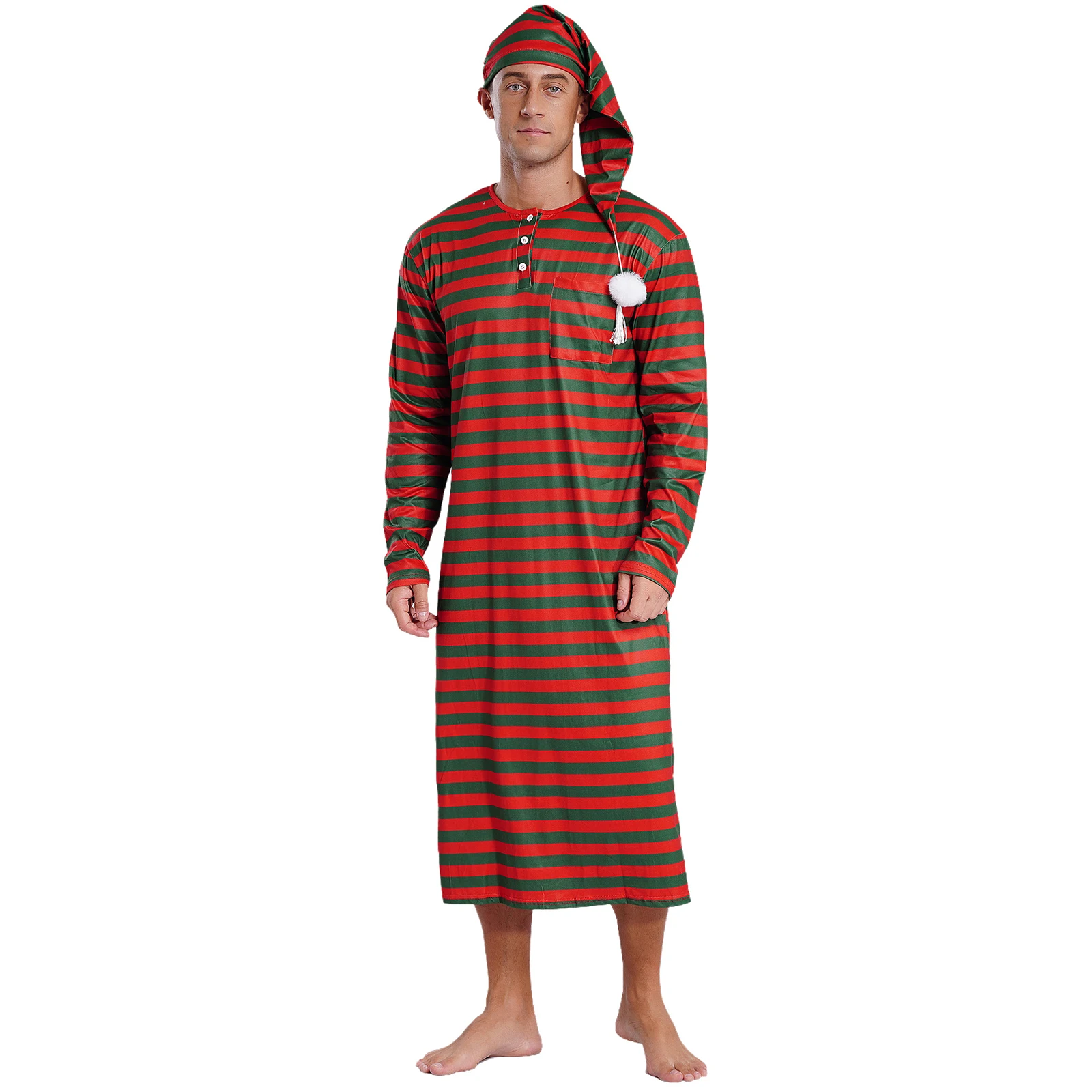 Mens Christmas Pajamas Long Sleeve Striped Sleep Long Robe with Hat Set Hat with Pom-pom Sissy Nightwear Cospaly Party Costume