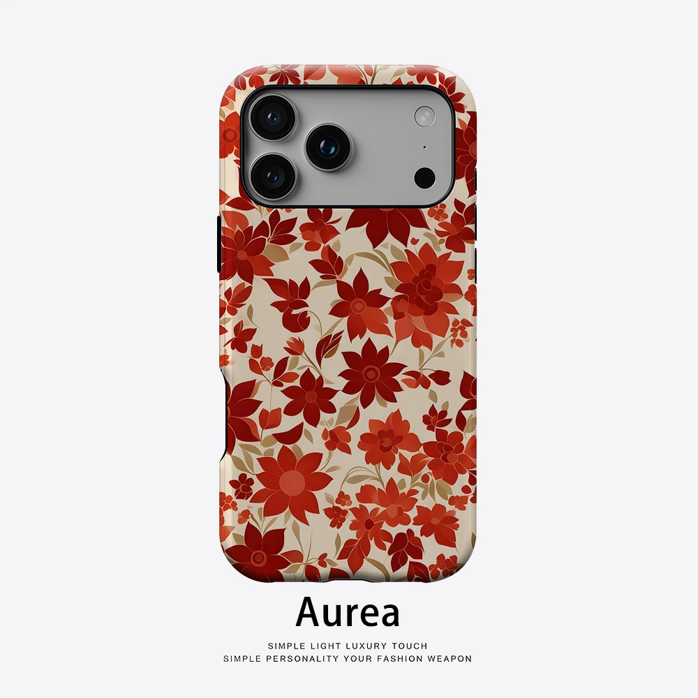 Aurea Case Matte Bumper für MagSafe Hülle für iPhone 17 16 15 14 Plus 13 Pro Max Stoßfeste Harte PC Hülle Rote Blumen Vintage Cover