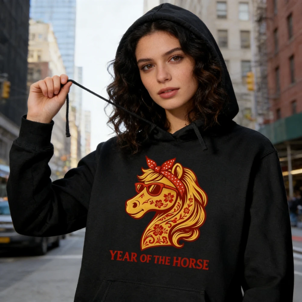 نظارات الحصان المضحكة ملابس النساء سنة صينية جديدة سعيدة للحصان 2026 كنزة قطيفة للجنسين موضة عطلة هوديس