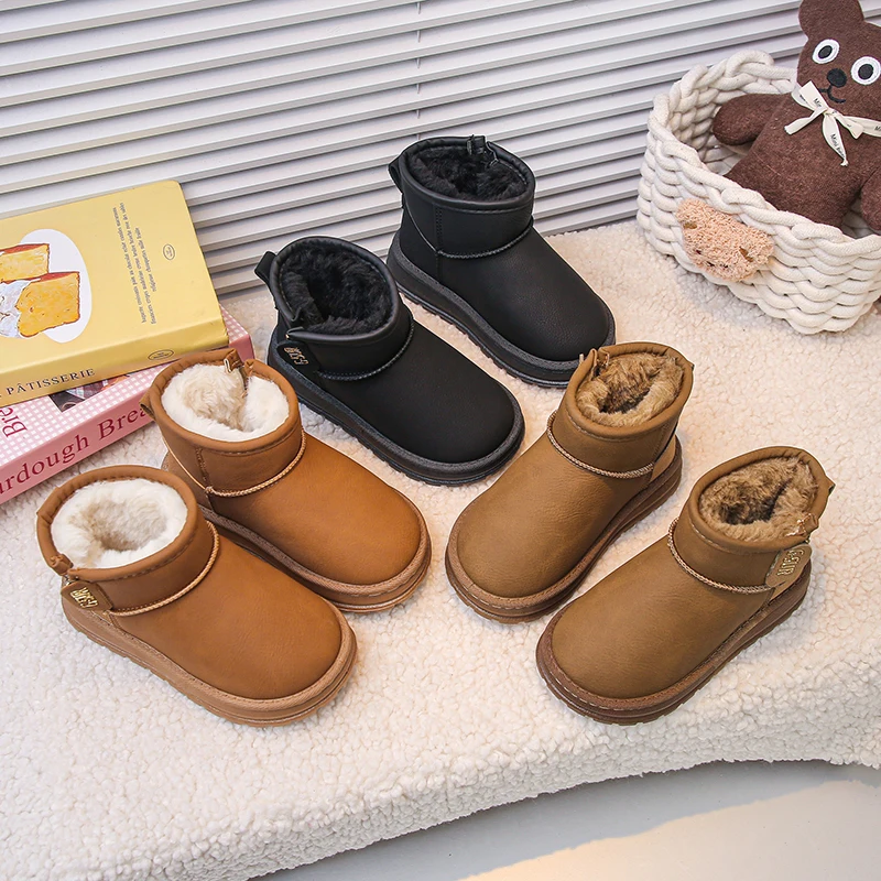 

Детские кожаные ботинки с мягкой подошвой, удобные детские ботильоны с круглым носком, зима 2024, новые зимние ботинки для мальчиков и девочек, толстые теплые меховые ботинки