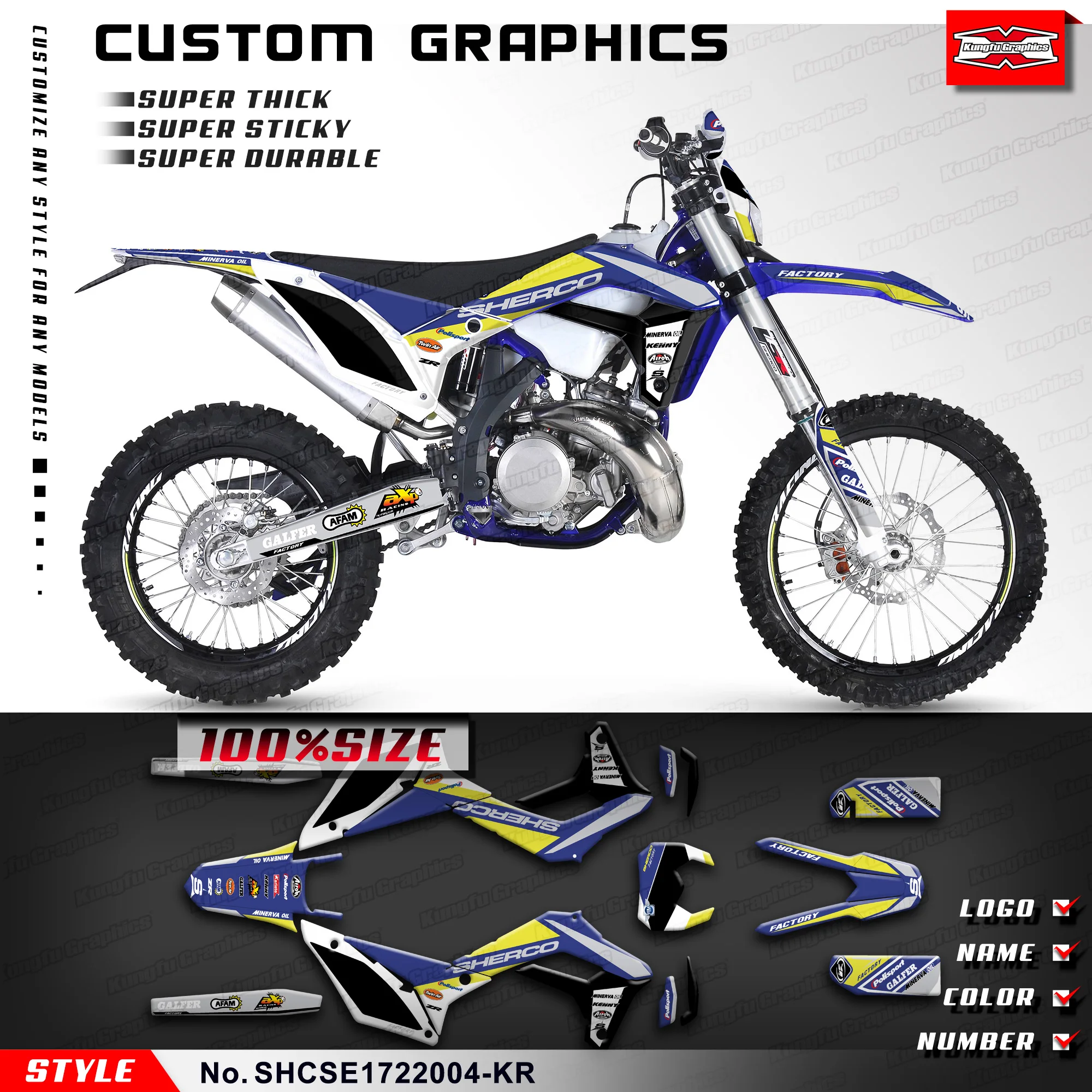 KUNGFU GRAPHICS Motorcycle Graphics Laminated Decals Kit for Sherco SE-R SC FSE-R SCF 125-500 2017-2023,  SHCSE1722004-KR