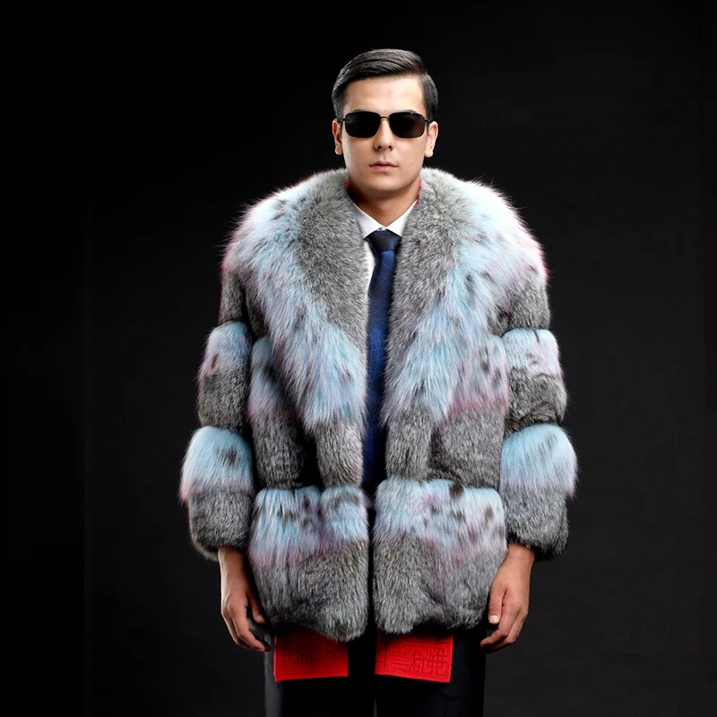Ftangaiur Winter Men Import Top Lynx Fur Coat Turn-Down Collar Colorful Lynx Jackets Men's Short Causal Real Natural Fur Coats