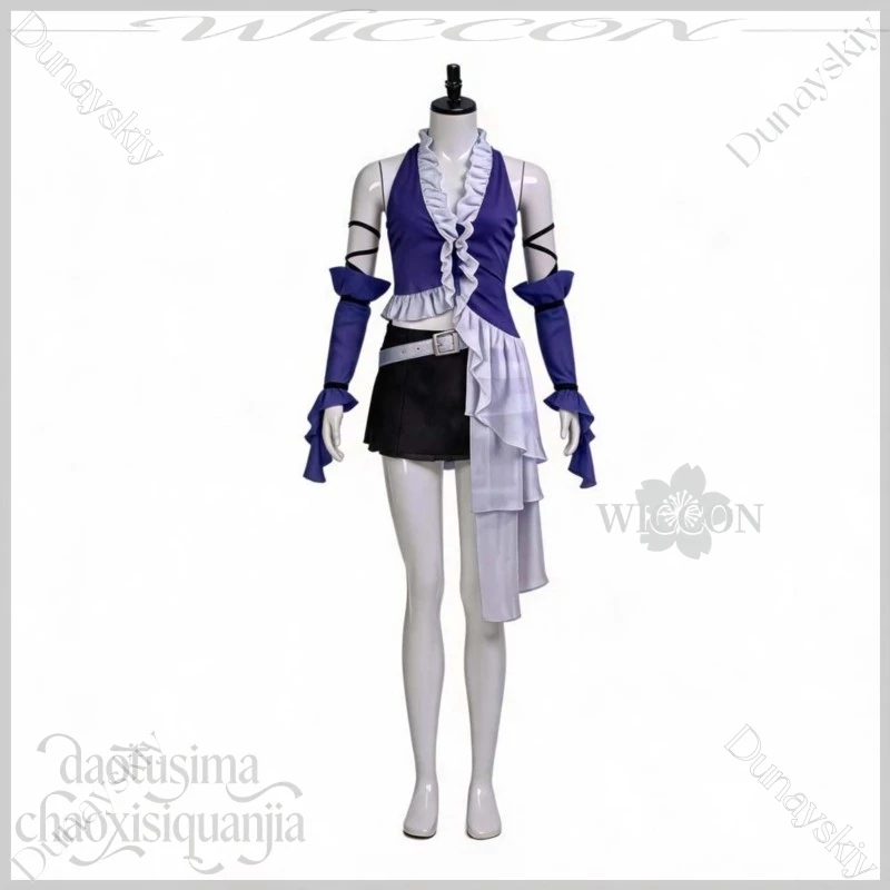 Y2K Jirai Kei Yuna Purple Halter V-neck Ruffle Frill Cropped Cos Top Cosplay Anime Game FFFX Costume Idol Stage Outfit Halloween view 3