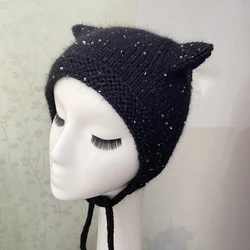 Fashion Funny Warm Beanies Women Cat Ear Knit Hats Black Solid Hat Beige Handmade Ears-Protected Skulles Beanies