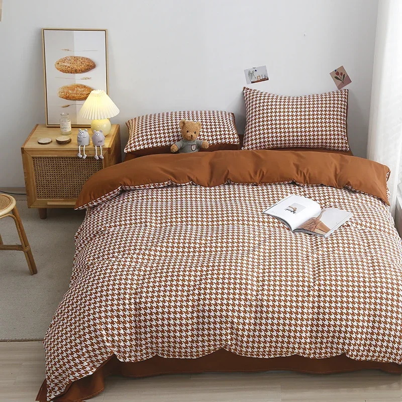 

5 Size Available! Caramel Colour Houndstooth Print Beddings Bedding Set 1 PCS Duvetcover 1 PCS Bed sheet 1/2PCS Pillowcases M019