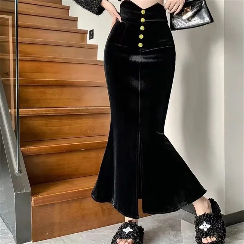 Nieuwe Franse Fluwelen Slanke Zeemeermin Rok Vrouwen Elegante Sexy Verpakt Hip Hoge Taille Mode Lange Party Rokken Knoppen Mujer Faldas