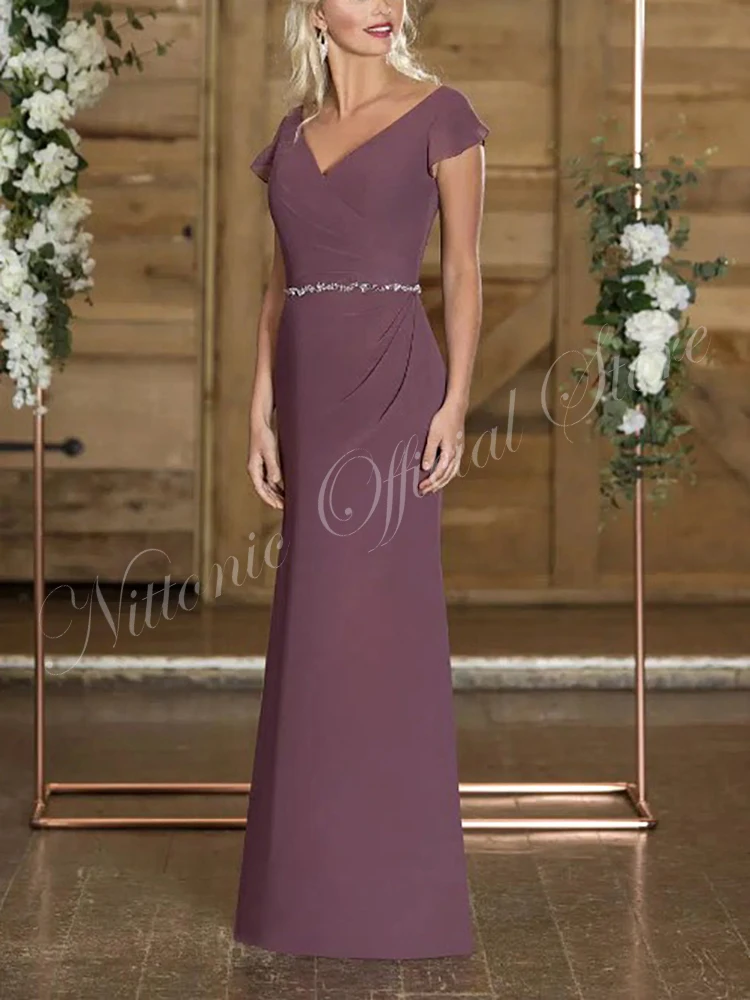 

New Bridesmaid Wedding Guest Party Dresses for Women Chiffon V-Neck Short Sleeve Floor-Length Straight Vestidos Elegante 2023