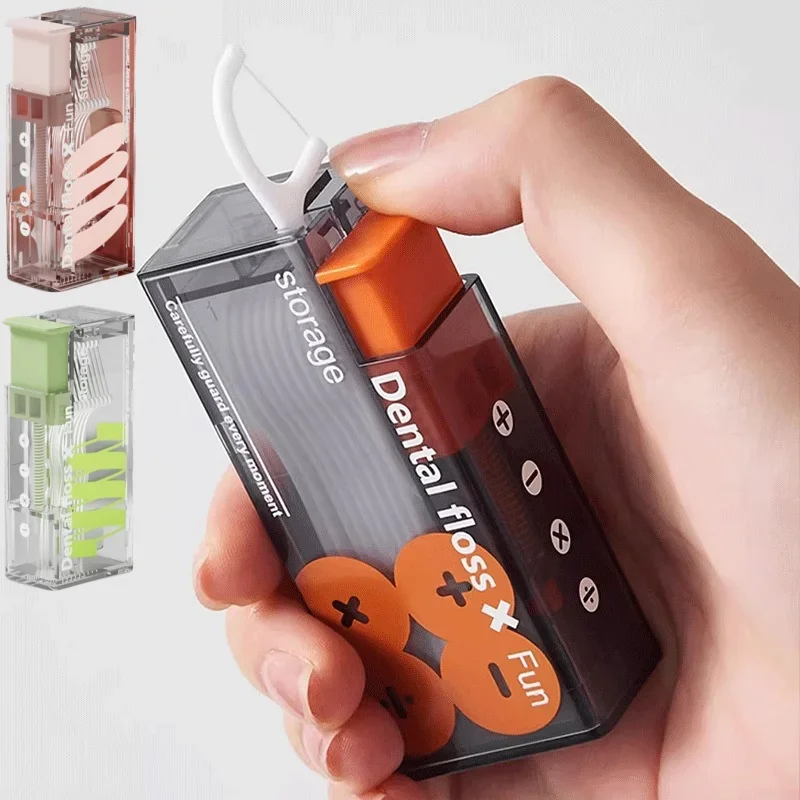 1pc Portable Automatic Floss Dispenser Includes 10Pcs Disposable Floss Sticks Press-on Ejectable Oral Care Tool