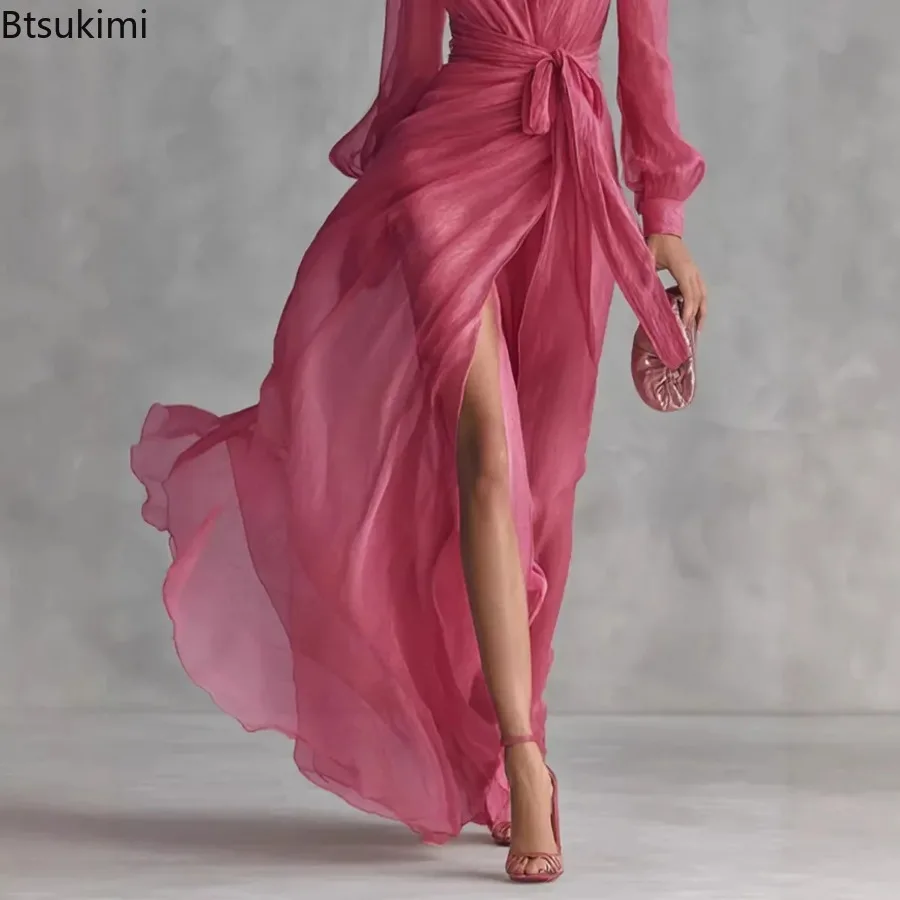 New Fashion Solid Color V-neck Party Long Dresses for Women Summer Elegant Long Sleeve Lace Up Maxi Dress Ladies Casual Vestidos view 3