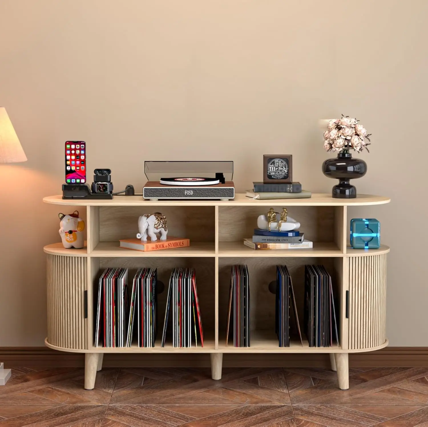 Large Round Record Player Stand with Charging Station & USB Ports，Record Storage Cabinet, Mid Century Modern Turntable Stand