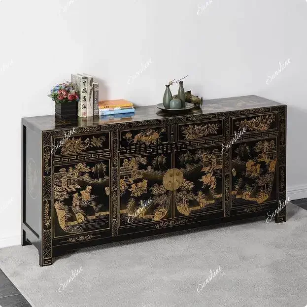 

Neoclassical Chinese gold-painted dining side cabinet hand-painted solid wood entrance cabinet