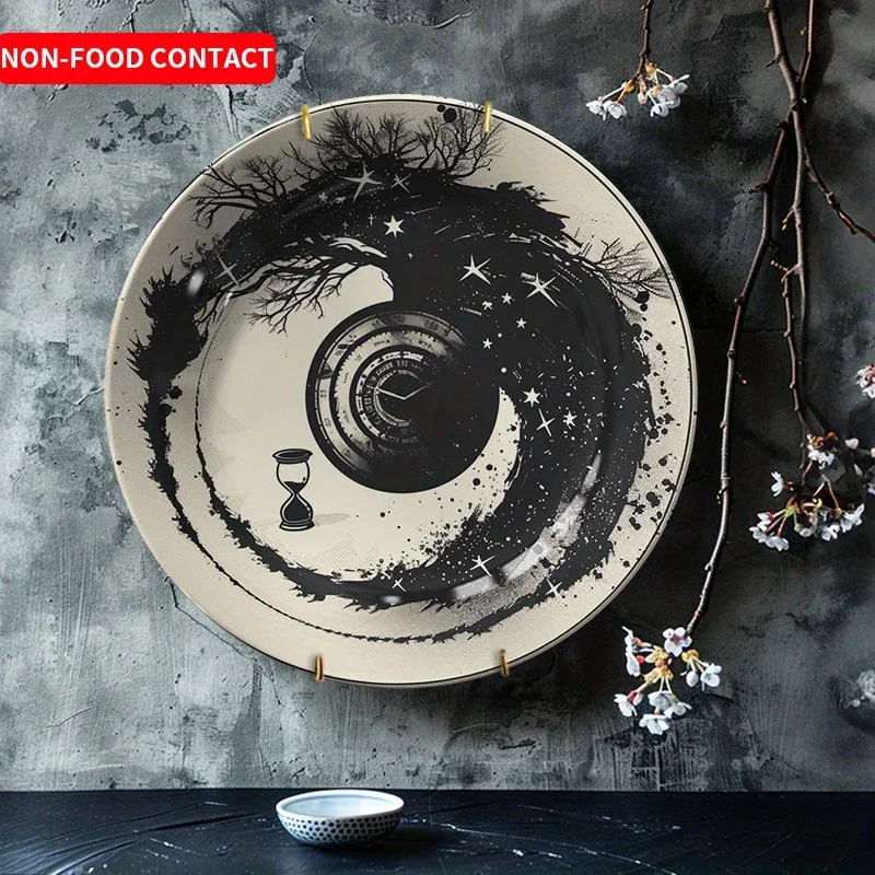 1pc Art Deco Ceramic Decorative Plate - Black and White Tree Branch Design, Round Vintage Clockwork Pattern, Non-Food Contact