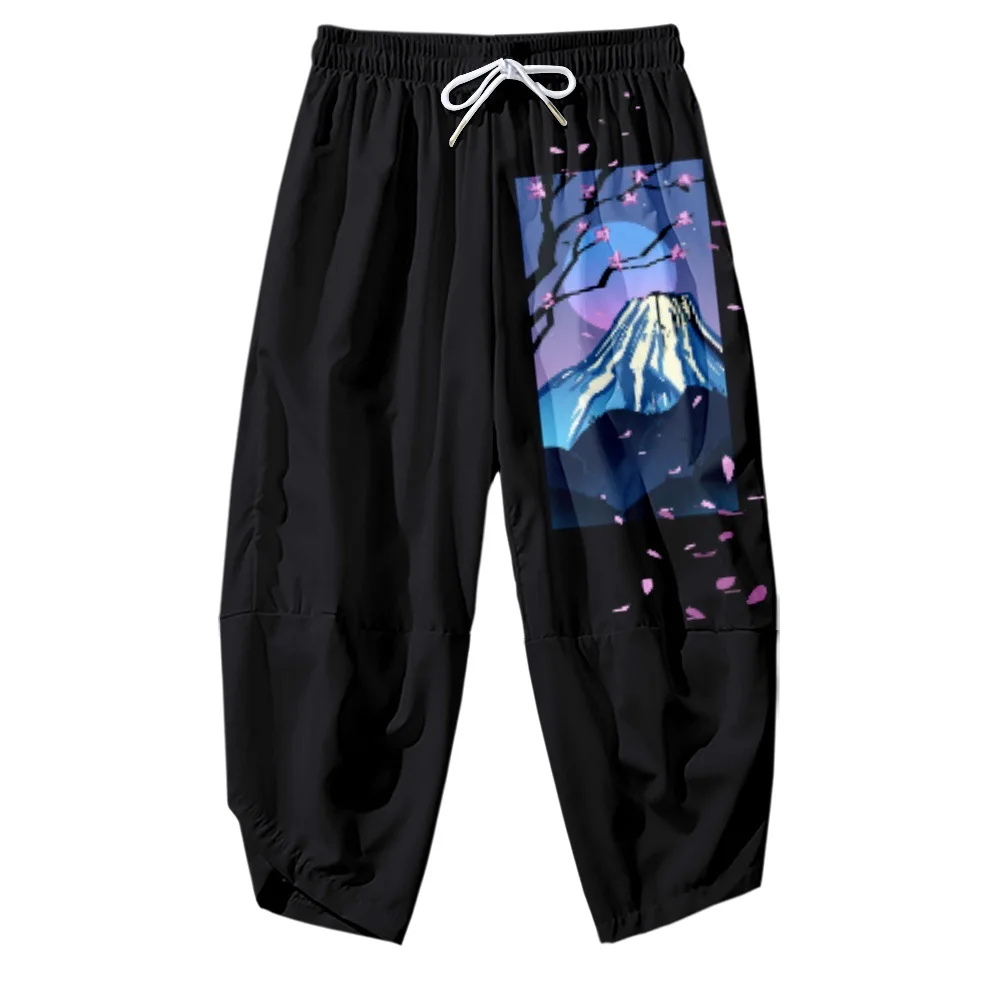 

Cartoon Volcano Printed Black Japanese Trousers Casual Elastic Waist Kimono Cropped Pants Couple Men Women Harajuku Streetwear