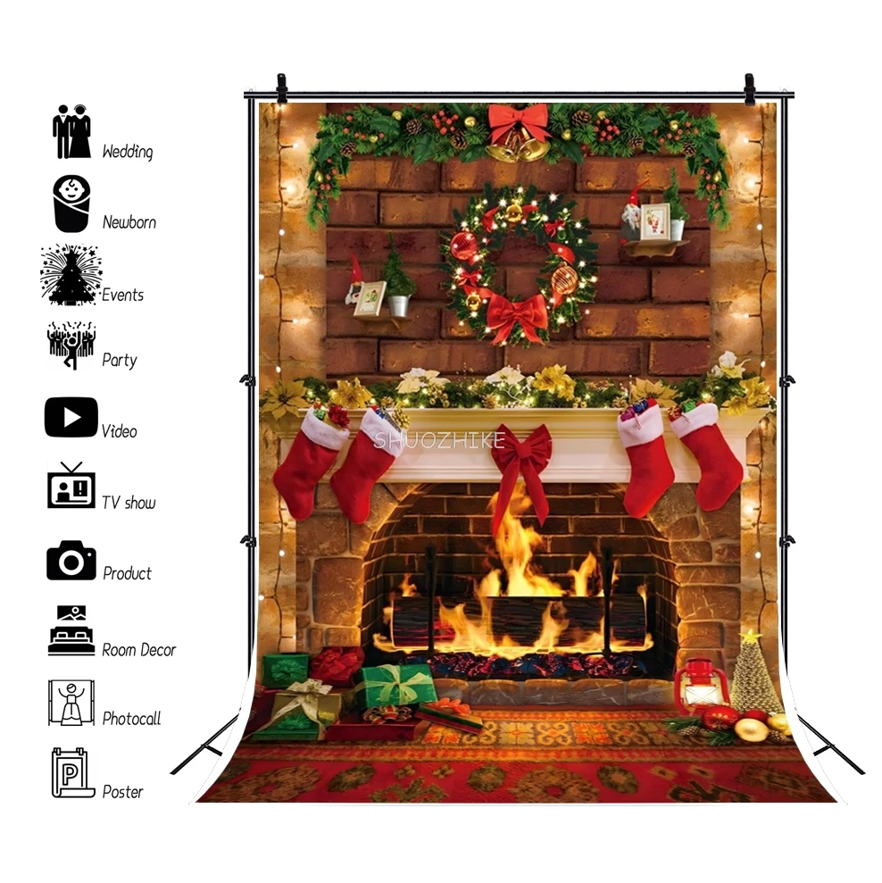 Christmas Backdrop Photography Winter Fireplace Fire Xmas Tree Window Stockings Gifts Family Party Baby Portrait Background