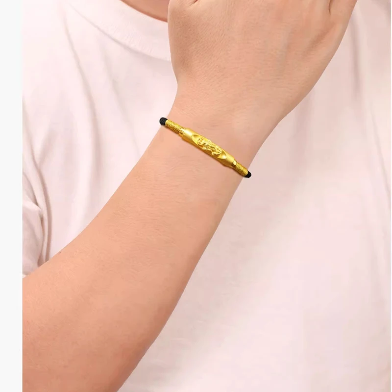 Pulseira de Ouro Amarelo Puro 24K para Homens e Mulheres, Tubo de Cotovelo 3D, Cordão Vermelho Lucky Pixiu, Lover, 1PC, 6.3in Length