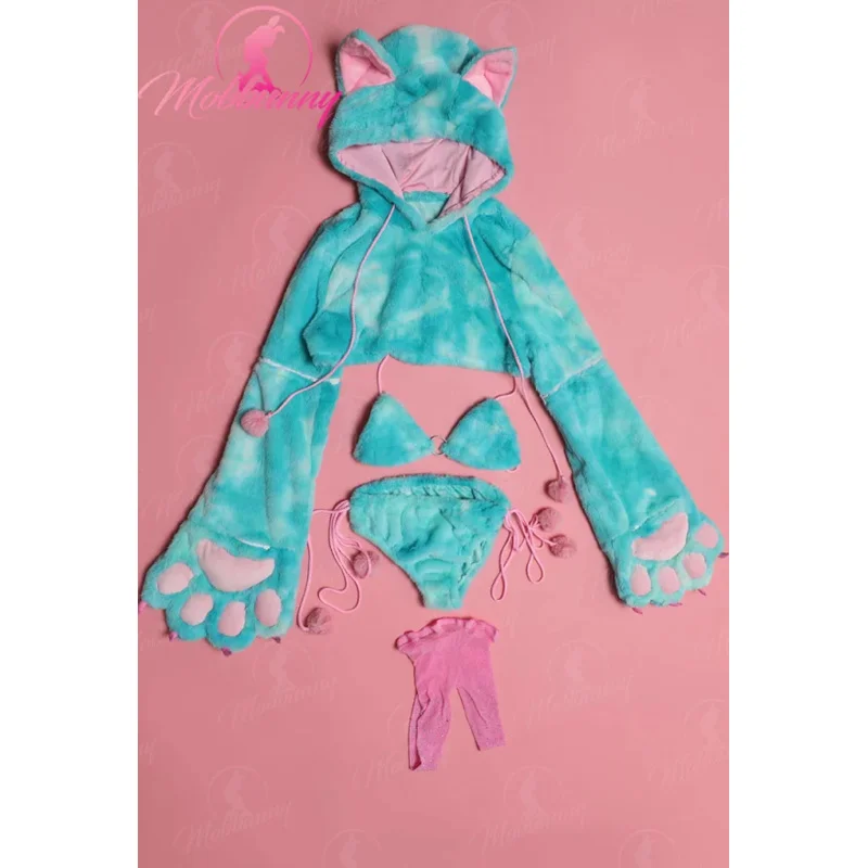 Ensemble de lingerie sexy de pattes de lapin en fourrure pour femmes, costume de cosplay de style chat, soutien-gorge et culotte en peluche avec sweat à capuche court et bas