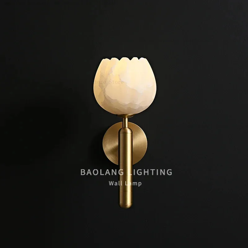 Marble Bedroom Bedside Designer Light Luxury All Copper Living Room Background Flower Bud Entrance Wall Lamp