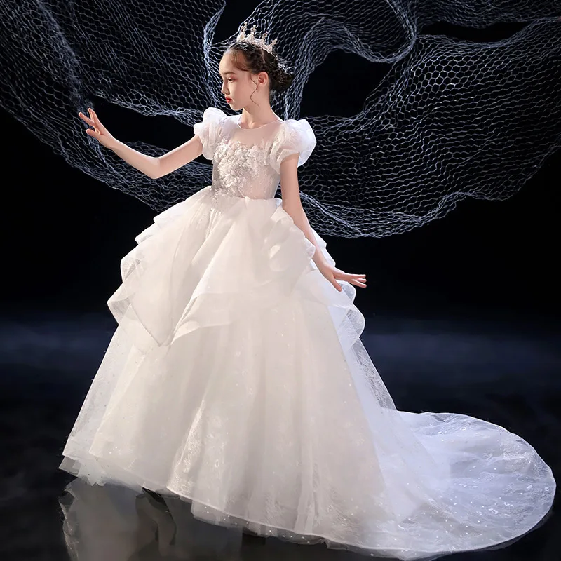 

Children's Model Catwalk Tail Flower Little Host Piano Performance Girl's White Wedding Dress