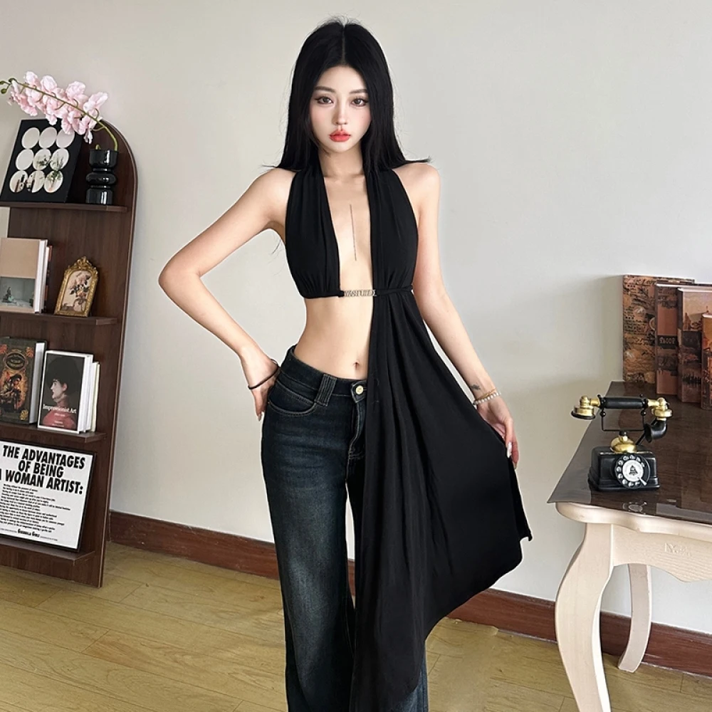 SylCue 섹시한 조끼 여성 불규칙한 홀터넥 래핑 된 가슴 민소매 백리스 리본 Hot Chick 스트리트 패션 와일드 스타일 의류