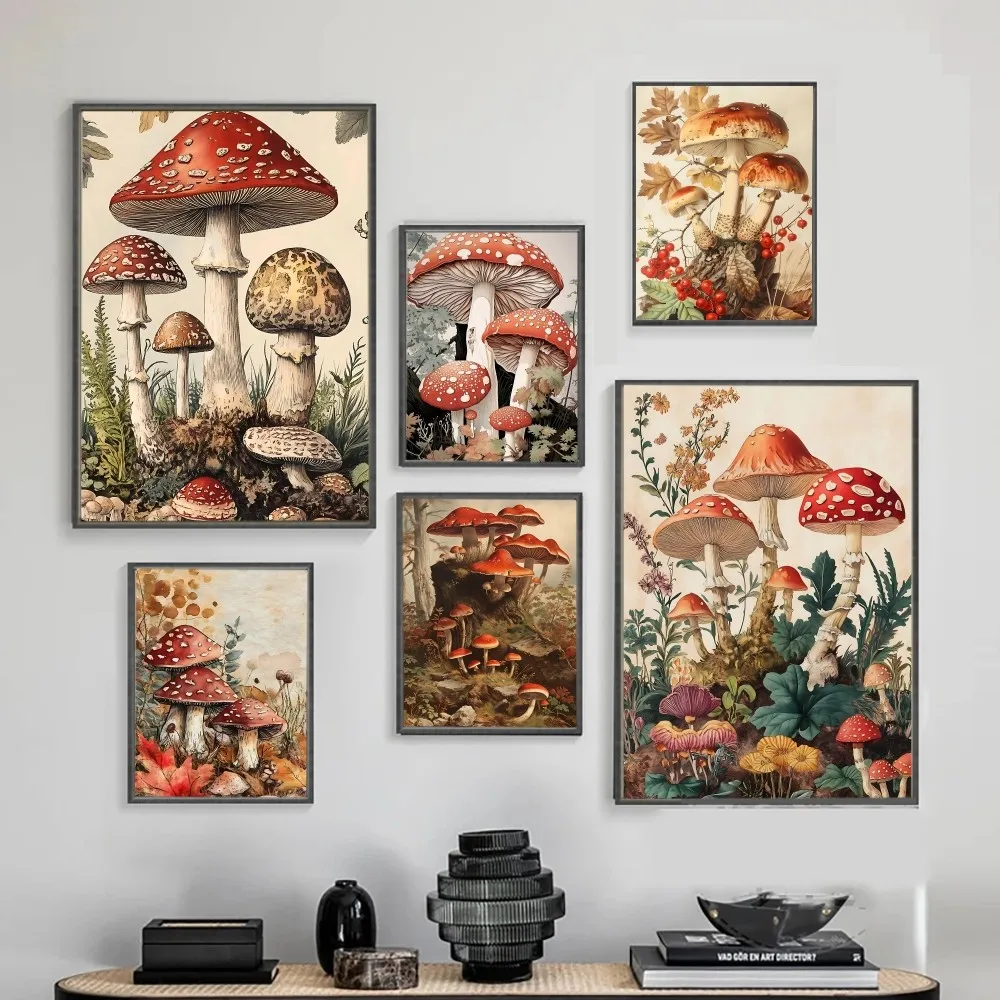 Botanische Kunstdrucke, Pilz, Retro-Poster, klebrige Poster, wasserfester Papieraufkleber, Kaffeehaus, Bar, Heimdekoration