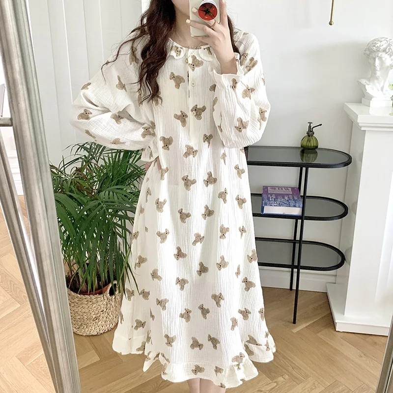 Bear Cartoon Print Summer Nightgown Korean Soft Cotton Long Sleepwear Short Sleeve Ruffles Nightdress Buttons Kawaii Homewear