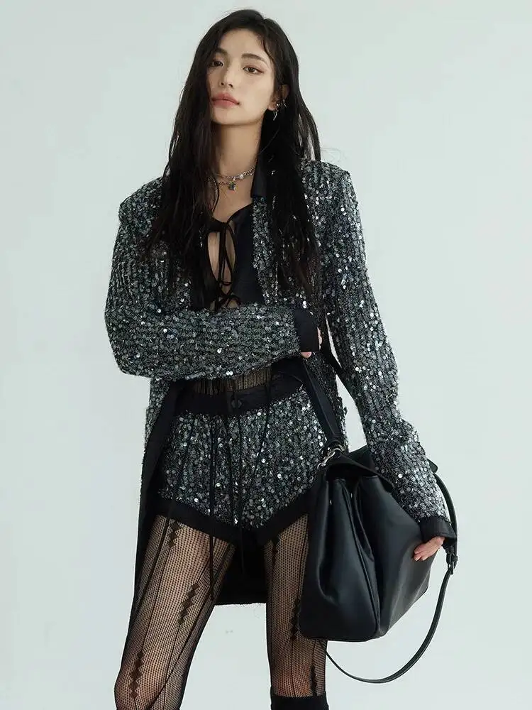 Gespleißt Pailletten Glänzende Blazer Zwei Stück Set Frauen V-ausschnitt Langarm Patchwork Spitze Up Top Hohe Taille Shorts Sets Weibliche Neue
