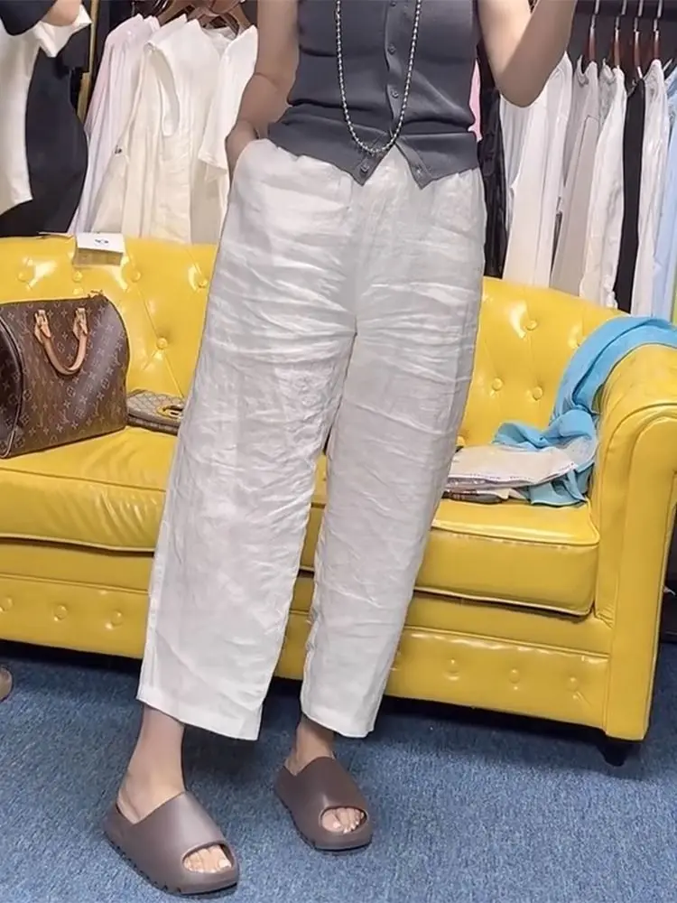 Letnie spodnie damskie 2025, luźne, z wysokim stanem, proste nogawki, z jedwabiu lodowego, bawełny i lnu, elastyczna talia, długość 7/8, casualowe...