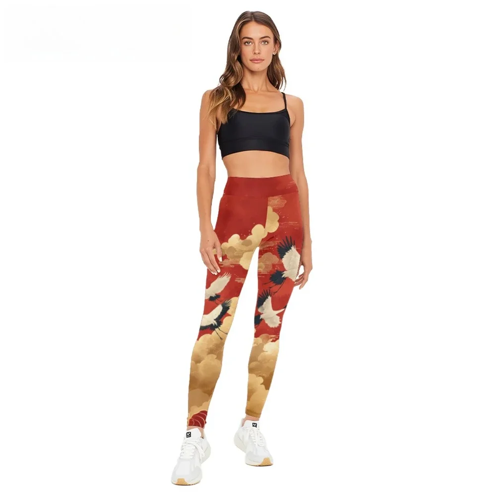 

High Waist Yoga Pants Flowers White Cranes Printed Naked Feel All Season Leggings Slimming Workout Tights Trendy Fitness Bottoms