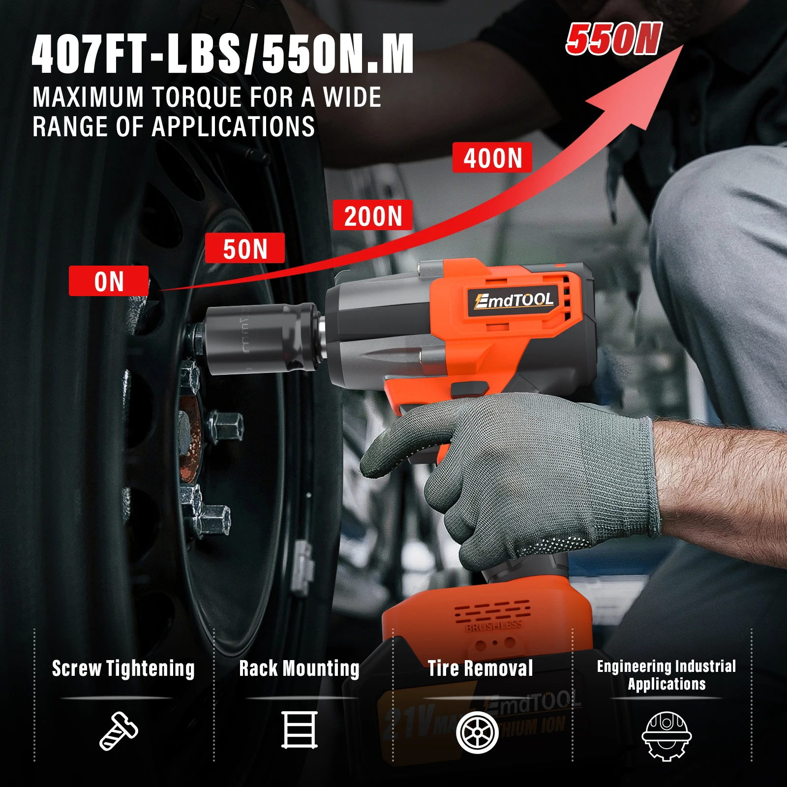 21V Cordless Impact Wrench, 1/2 inch Brushless Impact Gun, Max Torque 550Nm with 4 Socket Sets, 12 Drill Sets, 4.0Ah Battery