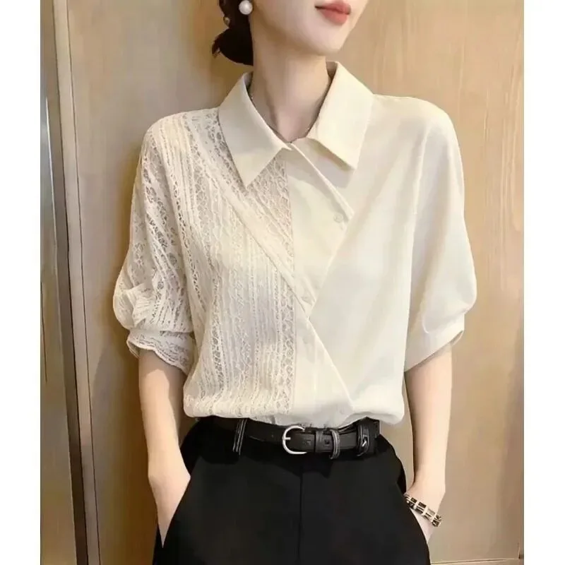 Women Old Money Style Lace Spliced Lapel Short Sleeve Shirt Irregular Button Commute Blouse
