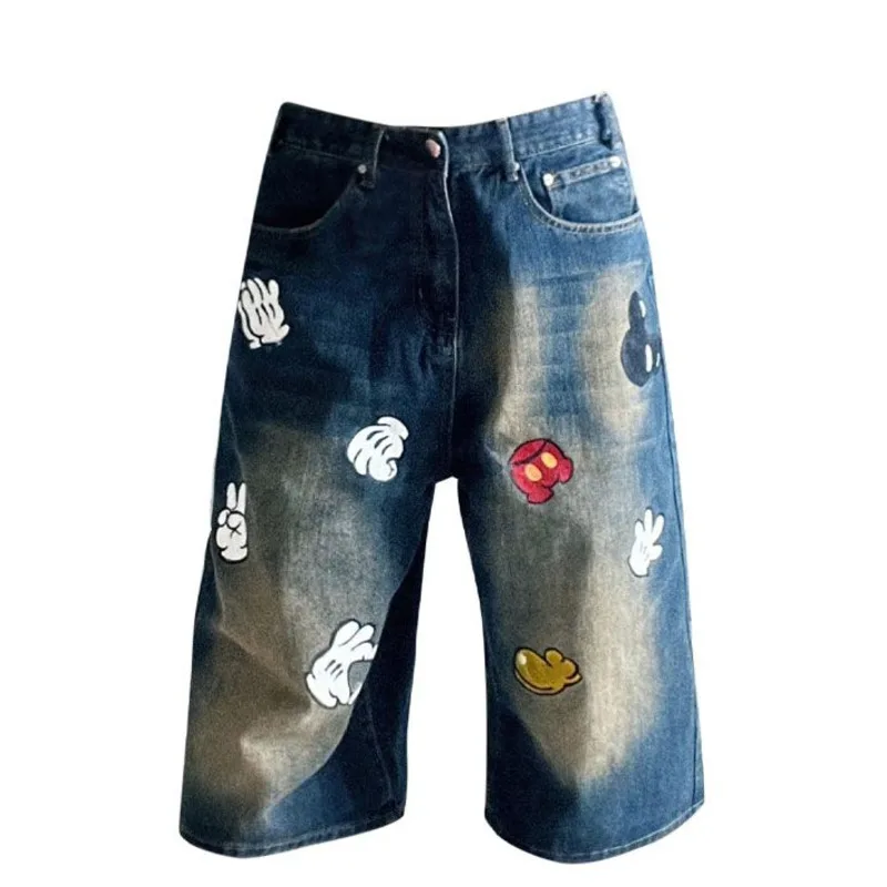 Disney Mickey Mouse Wide Jeans High Waist Cartoon Capri Trousers Casual Streetwear Calf-Length Pants Women Vintage Denim Pants