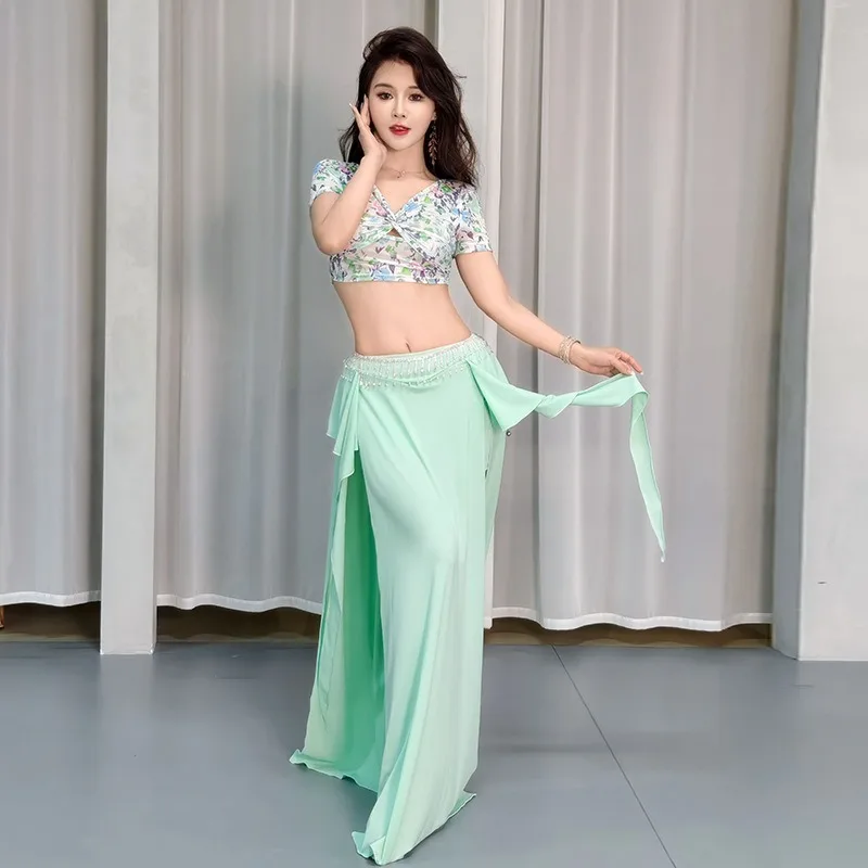 Trajes de danza del vientre personalizados, nuevo vestido de práctica, falda larga de malla estampada, conjunto de traje de actuación de danza oriental, vestido de equipo, 2025